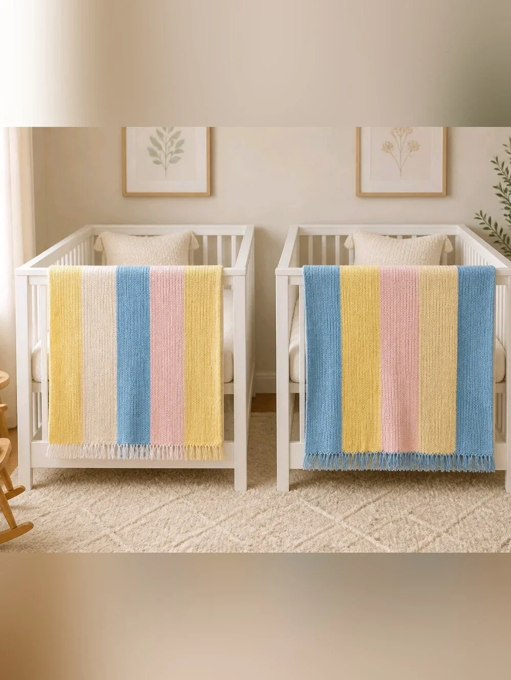 2 Twin Handmade Pastel Striped Baby Afghans with Soft Fringe Edging